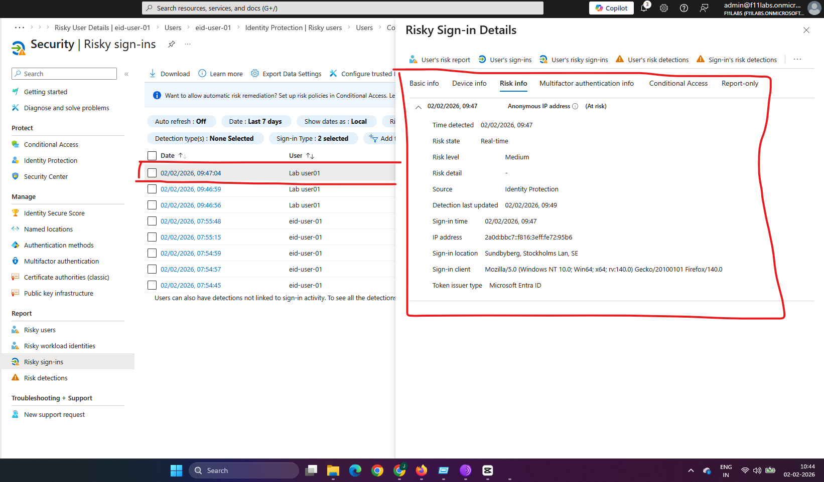 Evidence showing sign in logs